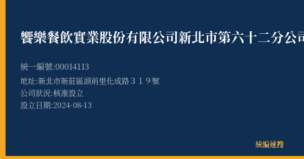 饗樂餐飲實業股份有限公司新北市第六十二分公司的照片-統編 00014113(新北市) 公司登記資料與營業項目詳細圖表