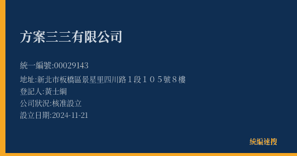 方案三三有限公司的照片-統編 00029143(新北市) 公司登記資料與營業項目詳細圖表