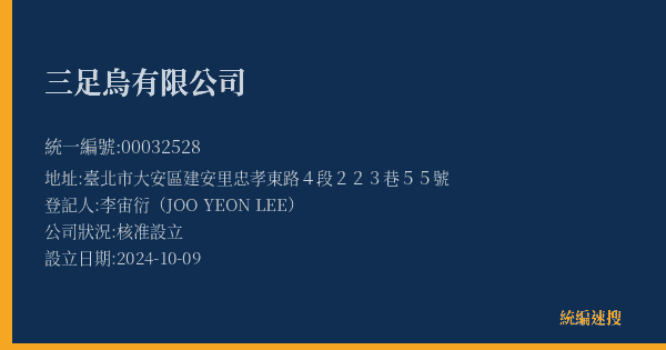 三足烏有限公司的照片-統編 00032528(臺北市) 公司登記資料與營業項目詳細圖表