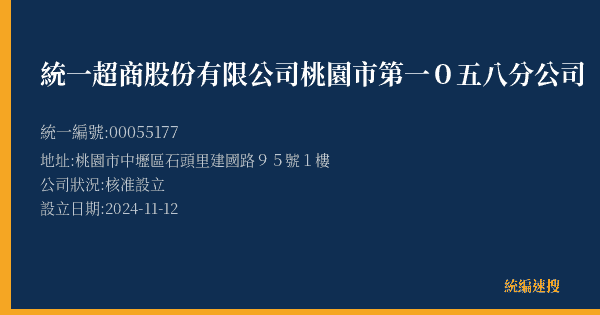 統一超商股份有限公司桃園市第一0五八分公司的照片-統編 00055177(桃園市) 公司登記資料與營業項目詳細圖表