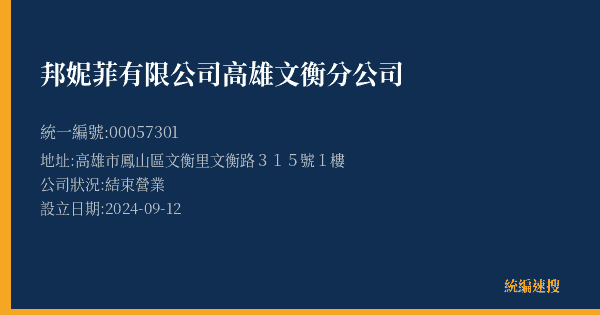 邦妮菲有限公司高雄文衡分公司的照片-統編 00057301(高雄市) 公司登記資料與營業項目詳細圖表