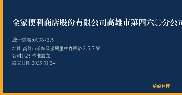 全家便利商店股份有限公司高雄市第四六○分公司的照片-統編 00067379(高雄市) 公司登記資料與營業項目詳細圖表