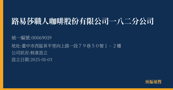 路易莎職人咖啡股份有限公司一八二分公司的照片-統編 00069019(臺中市) 公司登記資料與營業項目詳細圖表