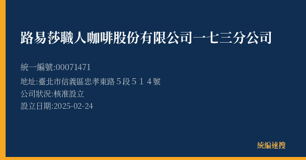路易莎職人咖啡股份有限公司一七三分公司的照片-統編 00071471(臺北市) 公司登記資料與營業項目詳細圖表