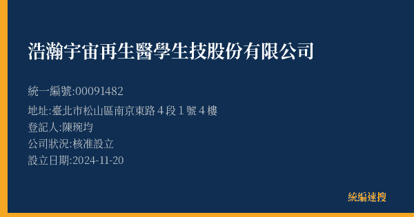 浩瀚宇宙再生醫學生技股份有限公司的照片-統編 00091482(臺北市) 公司登記資料與營業項目詳細圖表