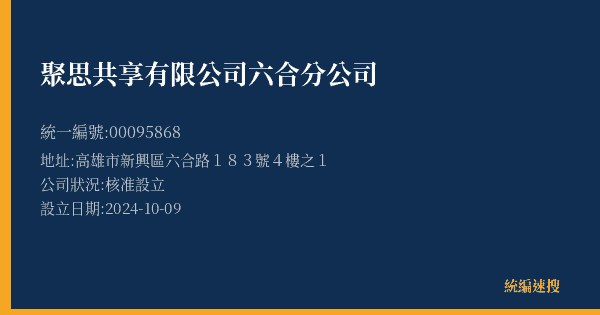 聚思共享有限公司六合分公司的照片-統編 00095868(高雄市) 公司登記資料與營業項目詳細圖表