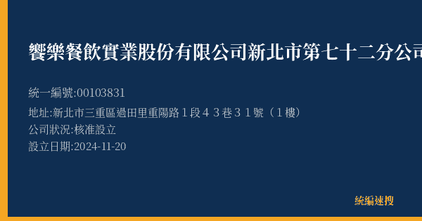 饗樂餐飲實業股份有限公司新北市第七十二分公司的照片-統編 00103831(新北市) 公司登記資料與營業項目詳細圖表