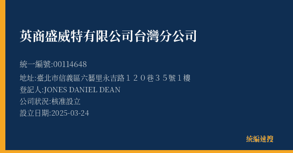 英商盛威特有限公司台灣分公司的照片-統編 00114648(臺北市) 公司登記資料與營業項目詳細圖表