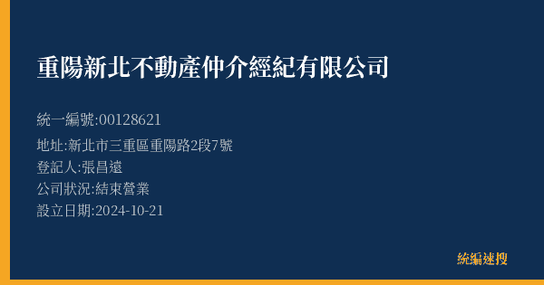重陽新北不動產仲介經紀有限公司的照片-統編 00128621(新北市) 公司登記資料與營業項目詳細圖表