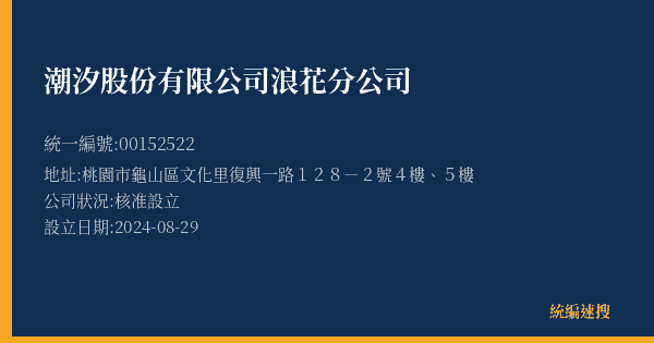 潮汐股份有限公司浪花分公司的照片-統編 00152522(桃園市) 公司登記資料與營業項目詳細圖表