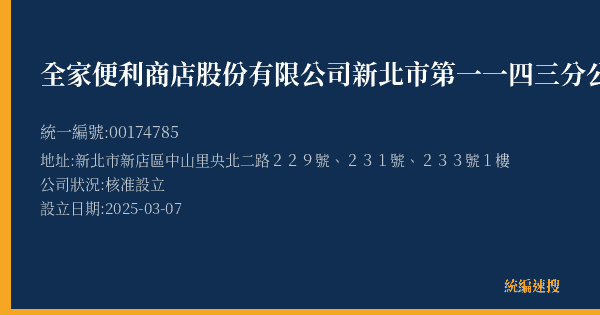 全家便利商店股份有限公司新北市第一一四三分公司的照片-統編 00174785(新北市) 公司登記資料與營業項目詳細圖表