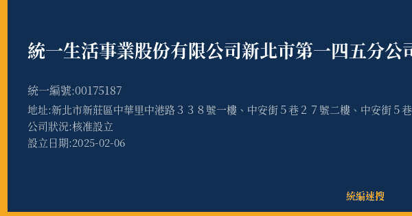 統一生活事業股份有限公司新北市第一四五分公司的照片-統編 00175187(新北市) 公司登記資料與營業項目詳細圖表