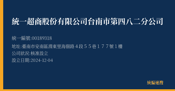 統一超商股份有限公司台南市第四八二分公司的照片-統編 00189318(臺南市) 公司登記資料與營業項目詳細圖表
