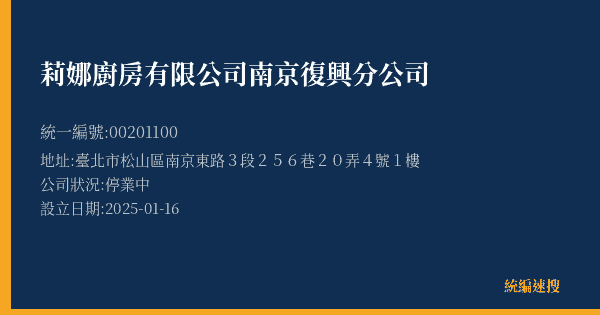 莉娜廚房有限公司南京復興分公司的照片-統編 00201100(臺北市) 公司登記資料與營業項目詳細圖表