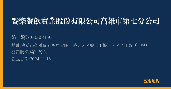 饗樂餐飲實業股份有限公司高雄市第七分公司的照片-統編 00203450(高雄市) 公司登記資料與營業項目詳細圖表