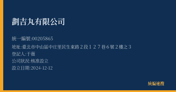 劃吉丸有限公司的照片-統編 00205865(臺北市) 公司登記資料與營業項目詳細圖表