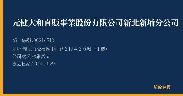 元健大和直販事業股份有限公司新北新埔分公司的照片-統編 00216510(新北市) 公司登記資料與營業項目詳細圖表