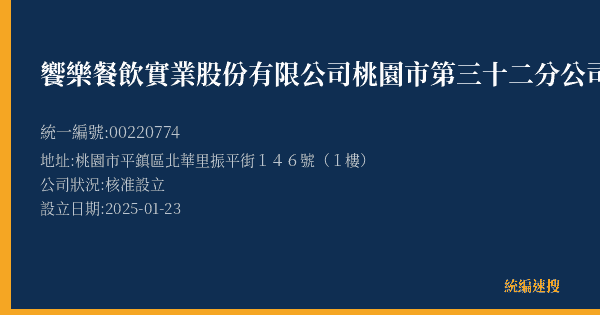 饗樂餐飲實業股份有限公司桃園市第三十二分公司的照片-統編 00220774(桃園市) 公司登記資料與營業項目詳細圖表