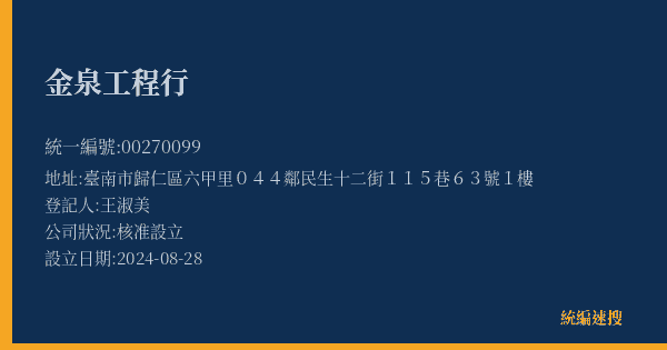 金泉工程行的照片-統編 00270099(臺南市) 公司登記資料與營業項目詳細圖表