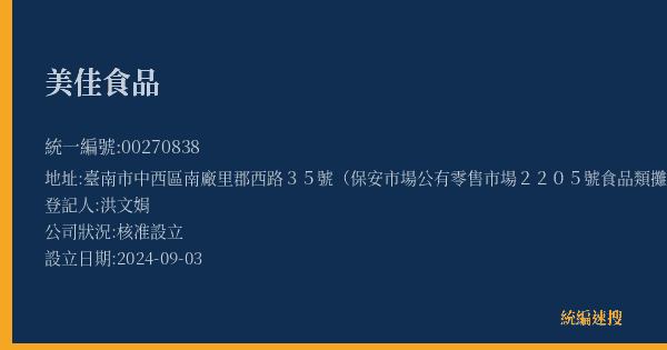 美佳食品的照片-統編 00270838(臺南市) 公司登記資料與營業項目詳細圖表