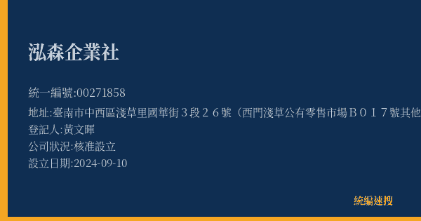 泓森企業社的照片-統編 00271858(臺南市) 公司登記資料與營業項目詳細圖表