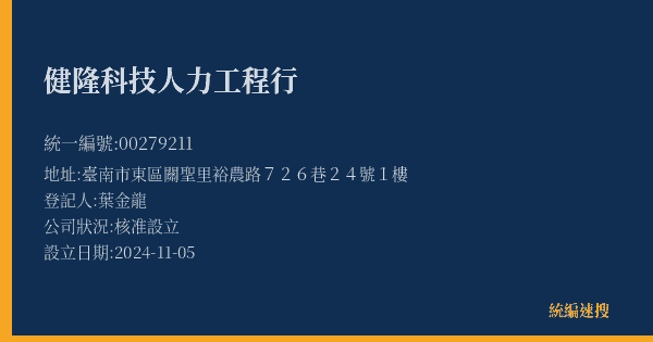 健隆科技人力工程行的照片-統編 00279211(臺南市) 公司登記資料與營業項目詳細圖表