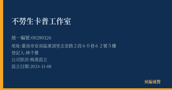 不勞生卡普工作室的照片-統編 00280126(臺南市) 公司登記資料與營業項目詳細圖表