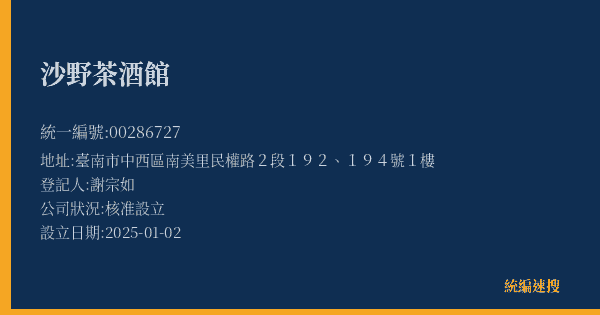 沙野茶酒館的照片-統編 00286727(臺南市) 公司登記資料與營業項目詳細圖表