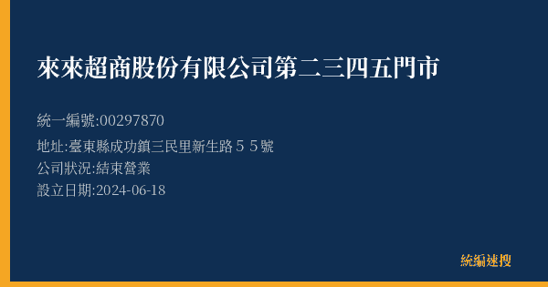 來來超商股份有限公司第二三四五門市的照片-統編 00297870(臺東縣) 公司登記資料與營業項目詳細圖表