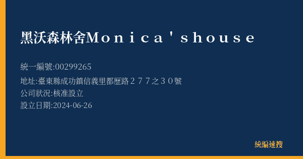 黑沃森林舍Monica's house的照片-統編 00299265(臺東縣) 公司登記資料與營業項目詳細圖表