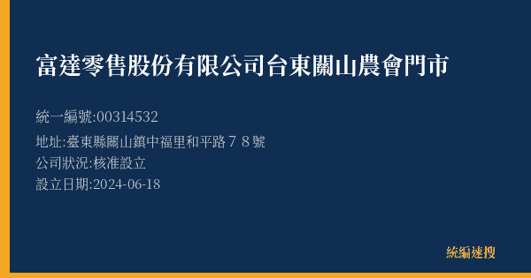 富達零售股份有限公司台東關山農會門市的照片-統編 00314532(臺東縣) 公司登記資料與營業項目詳細圖表