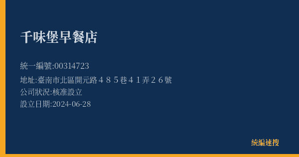 千味堡早餐店的照片-統編 00314723(臺南市) 公司登記資料與營業項目詳細圖表