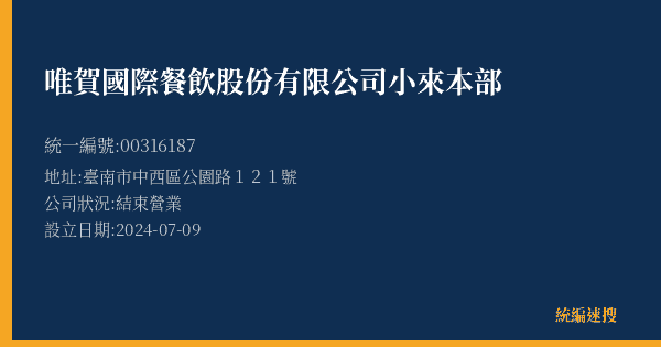 唯賀國際餐飲股份有限公司小來本部的照片-統編 00316187(臺南市) 公司登記資料與營業項目詳細圖表