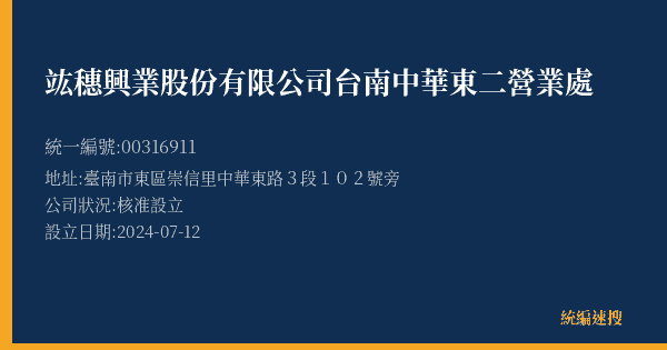 竑穗興業股份有限公司台南中華東二營業處的照片-統編 00316911(臺南市) 公司登記資料與營業項目詳細圖表