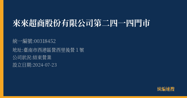 來來超商股份有限公司第二四一四門市的照片-統編 00318452(臺南市) 公司登記資料與營業項目詳細圖表