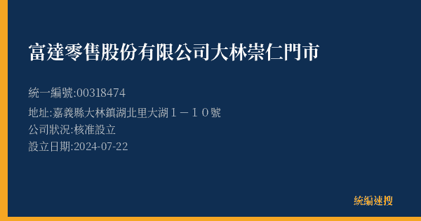 富達零售股份有限公司大林崇仁門市的照片-統編 00318474(嘉義縣) 公司登記資料與營業項目詳細圖表