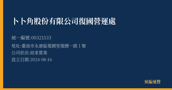 卜卜角股份有限公司復國營運處的照片-統編 00321533(臺南市) 公司登記資料與營業項目詳細圖表