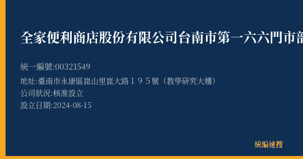 全家便利商店股份有限公司台南市第一六六門市部的照片-統編 00321549(臺南市) 公司登記資料與營業項目詳細圖表