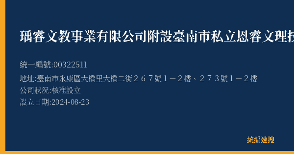 瑀睿文教事業有限公司附設臺南市私立恩睿文理技藝短期補習班的照片-統編 00322511(臺南市) 公司登記資料與營業項目詳細圖表