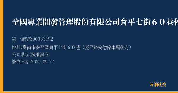 全國專業開發管理股份有限公司育平七街60巷停車場的照片-統編 00333192(臺南市) 公司登記資料與營業項目詳細圖表
