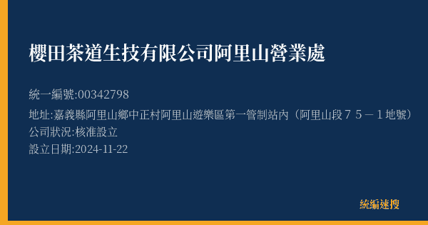 櫻田茶道生技有限公司阿里山營業處的照片-統編 00342798(嘉義縣) 公司登記資料與營業項目詳細圖表