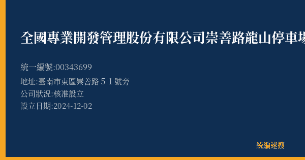 全國專業開發管理股份有限公司崇善路龍山停車場的照片-統編 00343699(臺南市) 公司登記資料與營業項目詳細圖表