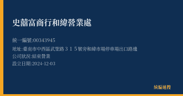 史囍富商行和緯營業處的照片-統編 00343945(臺南市) 公司登記資料與營業項目詳細圖表