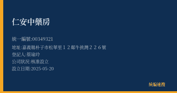 仁安中藥房的照片-統編 00349321(嘉義縣) 公司登記資料與營業項目詳細圖表