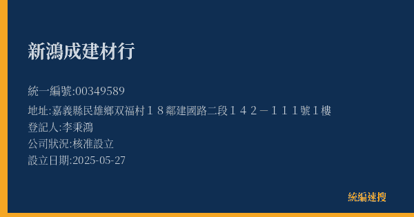 新鴻成建材行的照片-統編 00349589(嘉義縣) 公司登記資料與營業項目詳細圖表