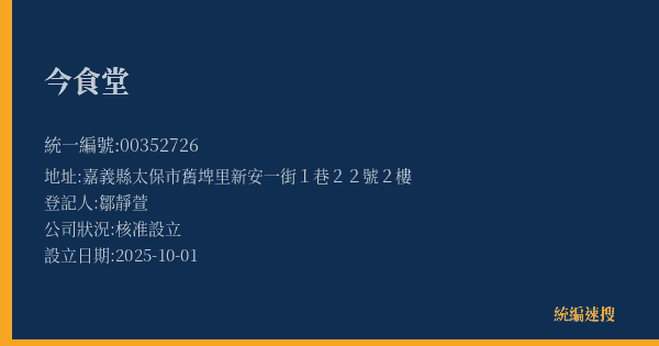 今食堂的照片-統編 00352726(嘉義縣) 公司登記資料與營業項目詳細圖表