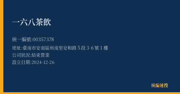 一六八茶飲的照片-統編 00357378(臺南市) 公司登記資料與營業項目詳細圖表