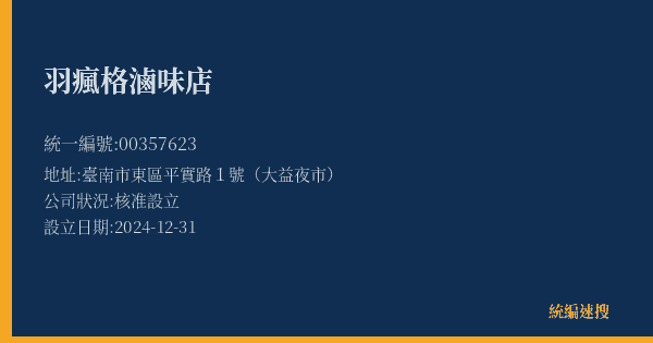 羽瘋格滷味店的照片-統編 00357623(臺南市) 公司登記資料與營業項目詳細圖表