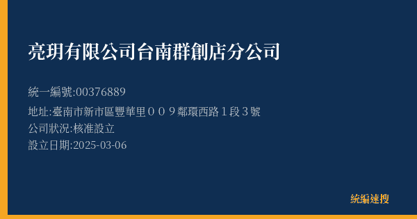 亮玥有限公司台南群創店分公司的照片-統編 00376889(臺南市) 公司登記資料與營業項目詳細圖表