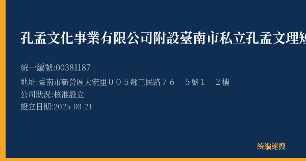 孔孟文化事業有限公司附設臺南市私立孔孟文理短期補習班的照片-統編 00381187(臺南市) 公司登記資料與營業項目詳細圖表